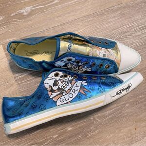 Ed Hardy vintage low top pointed toe metallic gold blue Y2K goth sneakers 8